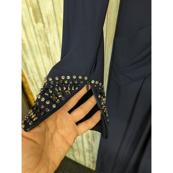 Vince Camuto Long Sleeve Gown Maxi Dress Elegant Navy Embellished Ruched Waist 4 - Picture 4 of 14